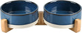 SPUNKYJUNKY Ceramic Dog and Cat Bowl Set with Wooden Stand, Modern Cute Weighted Food Water Bowl Set for Small Size Dogs (1.7 Cups, 2 × Pattern Blue)