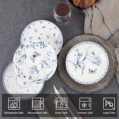 fanquare 8 Inch Pasta Bowls Set of 4, Porcelain Salad Plates for Desserts, Bread, Soup, Blue Floral Shallow Serving Plates - Image 2