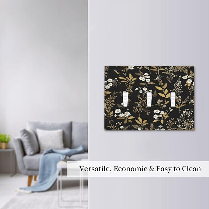 Light Switch Cover Black/Gold Boho Botanical Floral Rustic Flowers 3 Gang Wall Plate Triple Light Switch Plate Toggle Decorative Outlet Covers Electrical Switchplate for Bathroom Kitchen Decor