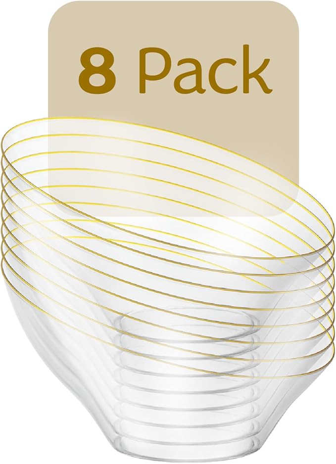 PLASTICPRO Angled Plastic Bowls Disposable Small Plastic Clear Serving Bowls with Gold Rim for Party for Appetizer Salads Pack of 8