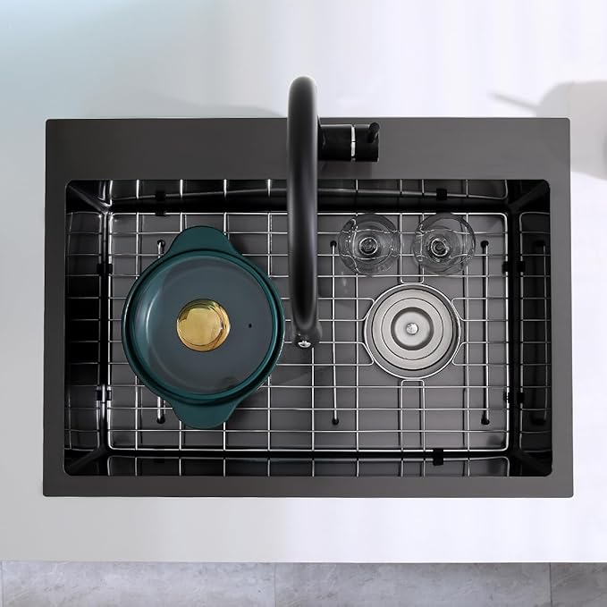 25x18x9 Inch Kitchen Sink, Handmade 304 Black Stainless Steel Single Bowl, Centre-Offset Drain, R10 Tight Corner, Drop in Kitchen Sink with Strainer & Bottom Grid