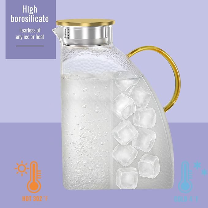 Glass Pitcher With Lid,1 Gallon Glass Water Pitcher For Fridge, 128OZ glass pitchers With Handle And Lid, Hot And Cold pitchers, Large Carafe Jug For Iced Tea Juice Coffee Milk