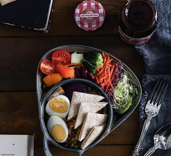 Soup and Side Bowl Plate Ceramic, Chip and Dip Divided Bowls, Anti-Soggy Cereal Bowl Bread Dipping Bowls Plates for Salad Breakfast, and Sandwich Ideal for Home and Restaurant (bule+yellow)