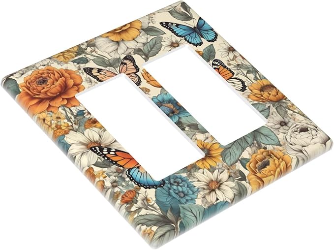Outlet Covers Vintage Colorful Floral Butterfly Flowers 2 Gang Light Switch Cover Double Rocker Wall Plate Decorative GFCI Receptacle Electrical Switchplate for Bathroom Bedroom Decor（2 Pack）
