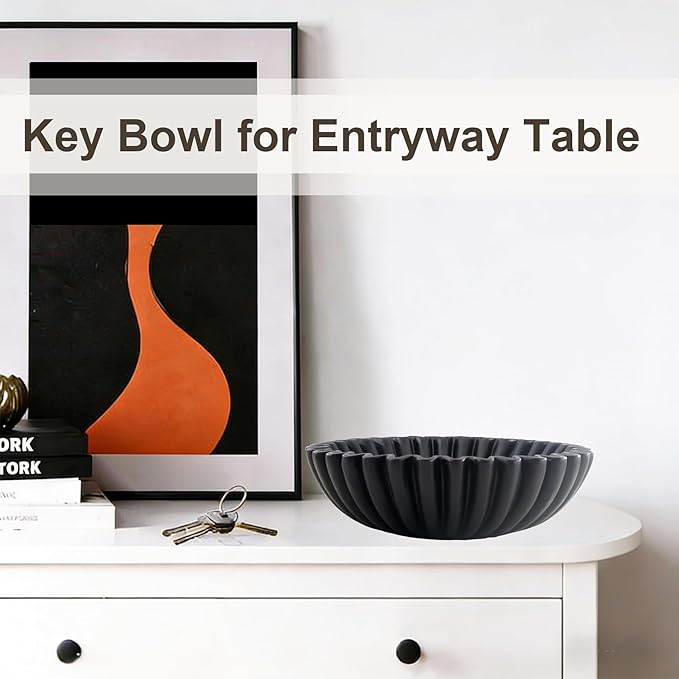 Large Modern Decorative Bowl, Fruit Bowl for counter, Modern Home Decor, Ruffle Bowl for Kitchen Counter Coffee Table, Key Bowl for Entryway Table, 10", Black