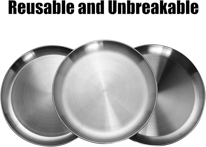Stainless Steel Plates 9 inch 304 Metal Lightweight Unbreakable Dinner Dishes Plates Set Non-Toxin Dishwasher Safe BPA Free and Healthy (10 Pcs)