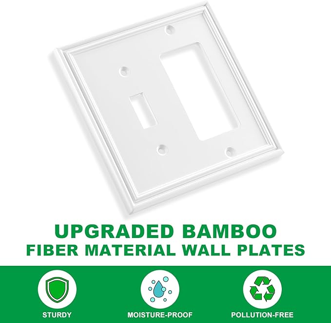 White Modern Decorative Wall Plate Light Switch Cover Decorator Outlet Covers Rocker Switch Plates Bamboo Fiber Material Wall Plates for Kitchen Bathroom (2 Gang Toggle/Decorator-2 Pack)