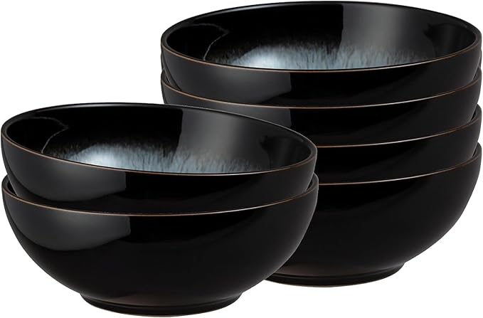 Denby - Halo Coupe Cereal Bowls Set of 6-27 Ounce Reactive Glaze, Dishwasher Microwave Safe - Scratch Chip Resistant - Grey, Black Ceramic Stoneware Soup Bowls Tableware