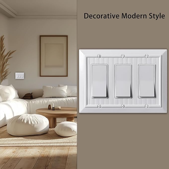 Beadboard Outlet Covers Wall Plates, Bamboo Fiber Light Switch Covers, Natural Material Electric Receptacle Decorative Switch Plate Outlet Cover (Pure White, 3 Gang Decorator 1 Pack)