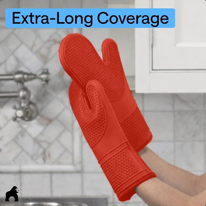 GORILLA GRIP BPA-Free Soft Silicone Oven Mitts, Heat Resistant and Waterproof Cooking Gloves, Thick Cotton Lining, Flexible Gripping for Baking Grilling, Kitchen Potholders Set of 2, 12.5x8.3, Coral