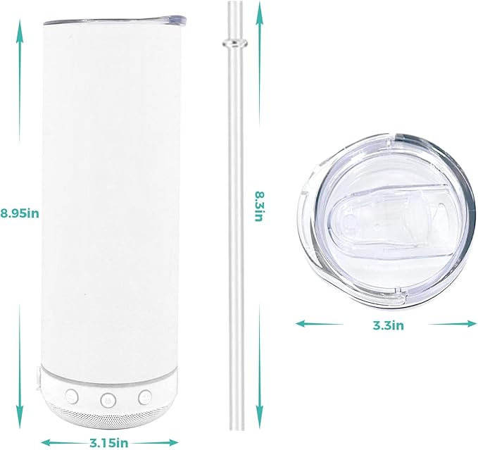 6pack 20oz cups Bluetooth Tumbler with Straw and Lid, Double-Wall Stainless Steel Vacuum Insulation Sublimation Tumbler Blank, RemovableRechargeable Bluetooth Wireless Speaker (white)