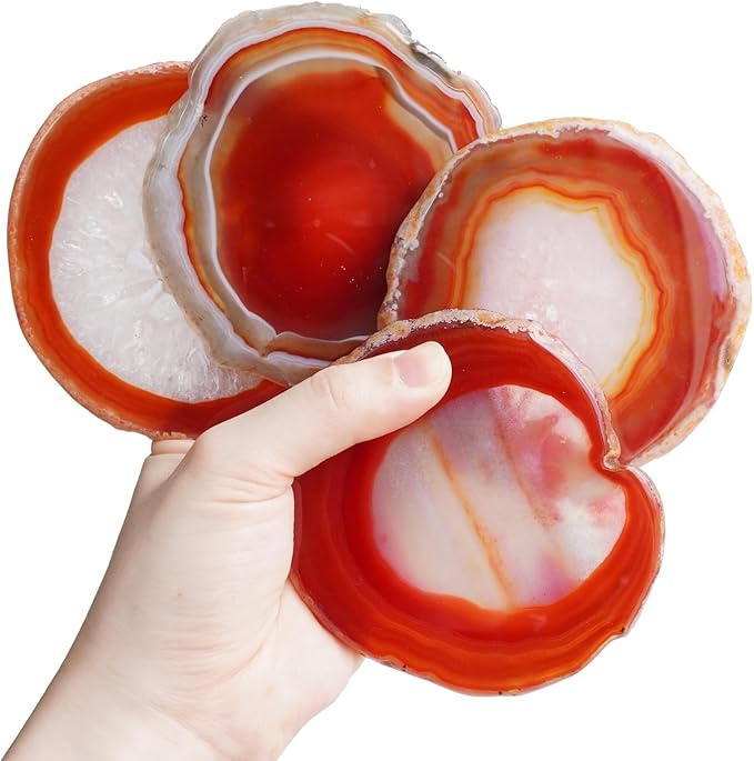 Orange Red Agate Coasters Set of 4 with Rubber Bumpers - Fiery 4-5 Inch Dyed Geode Stone Drink Coasters for Home Bar, Table Decor, Gift