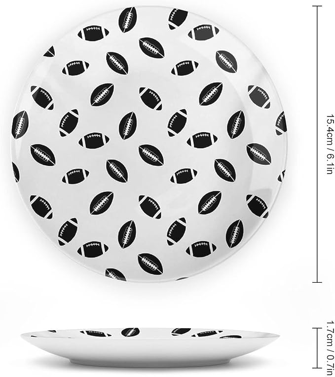 Ceramic Plates, American Football Decorative Ceramic Plates, Monochrome Pattern Black Rugby Balls Sports, 10 Inch, Household Plates Decorative, Black White