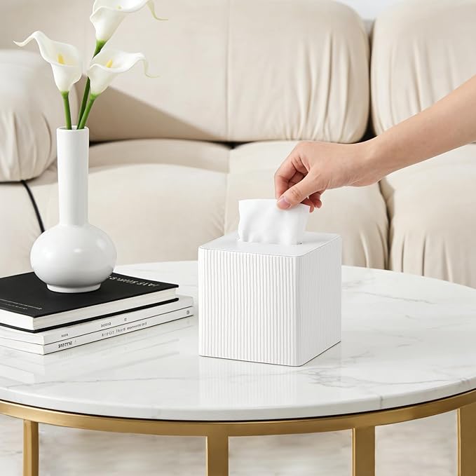 Mkono Tissue Box Cover PU Leather Square Tissue Box Holder with Bottom, Decorative Facial Cube Organizer for Bedroom Bathroom Dresser Vanity Countertop Night Stands Home Office Desk (Ivory)