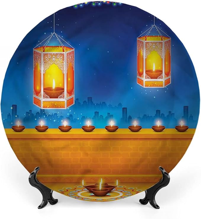 Ceramic Plates, Diwali Decorative Ceramic Plates, Diwali Night Candles, 8 Inch, for Dining, Parties, Wedding, Multicolor