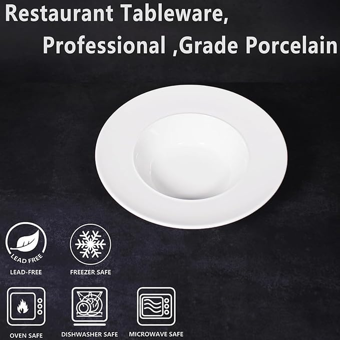 Soup Bowl Soup Plates with Rim 12 oz, Pasta Bowl Set of 4, White Shallow Bowl Plate, Ceramic Wide Rimmed Soup Bowl, Best choice for high-end restaurants, hotels, and foodies, 9 Inch