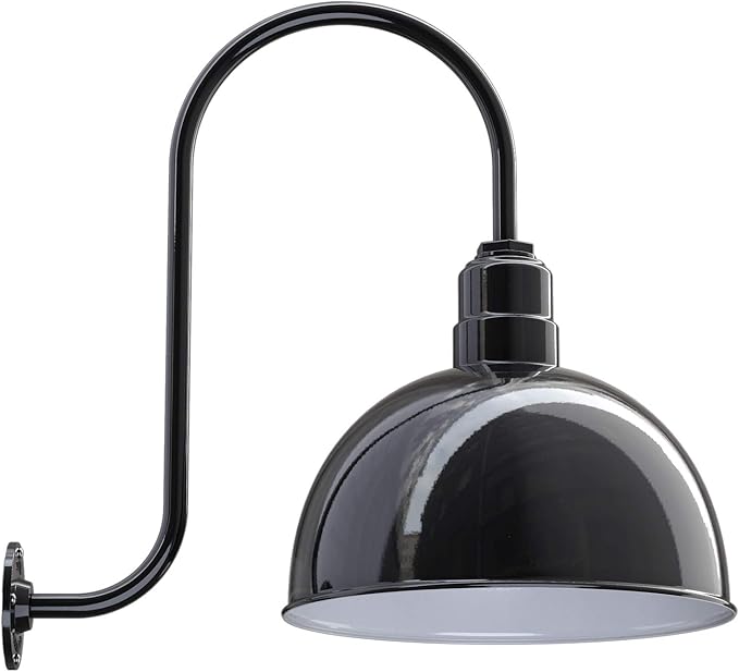Steel Lighting Co. Hollywood Bowl Light | Outdoor Wall Mounted | 15 inch Bowl Dome | Upslope Gooseneck | Barn Light Made in America | Black Exterior/White Interior