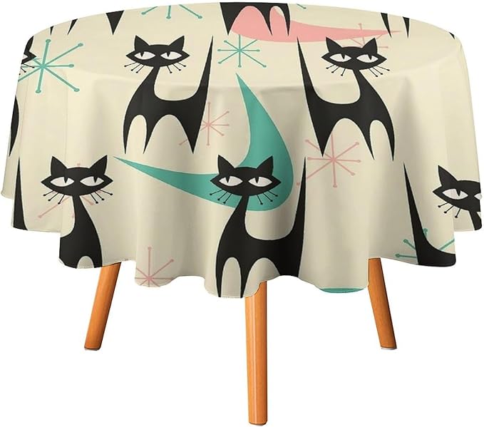 Mid Century Colorful Modern Cat Round Tablecloth, Medieval Bohemian Abstract Animal Tablecloth for Home Party Dining Room Kitchen Decor 60Inch(152cm)