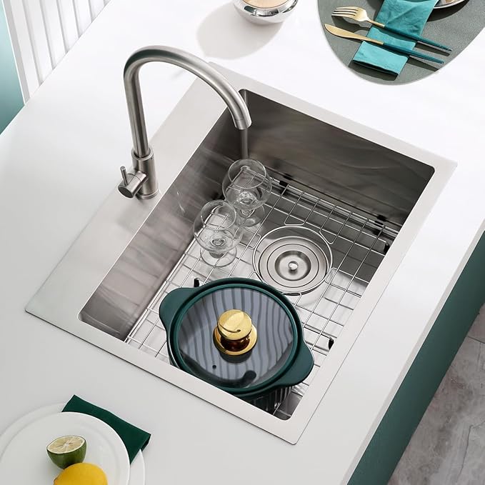 Kitchen Sink, 22 x 18 Inch Drop in Sink, 304 Stainless Steel Kitchen Sink, Centre-Offset Drain, 9" Deep Single Bowl, Topmount Installation, Brushed(Inclued Drain Strainer & Bottom Grid)