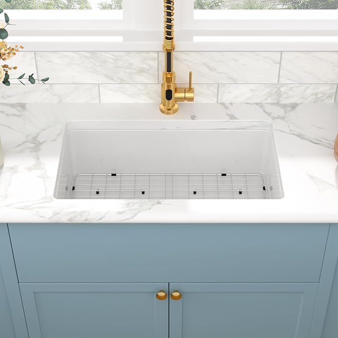 Sarlai 32 Inch White Undermount Sink Fireclay 32x19 Inch Dual Drop in & Undermount Kitchen Sink Porcelain Ceramic Single Bowl Deep Basin