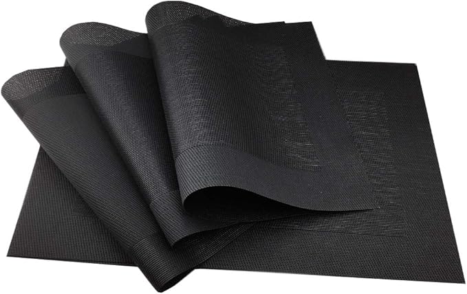 Gugrida Vinyl Black Placemats Heat Resistant Dining Table Mats Non-Slip Washable Place Mats Set of 6 （Black）
