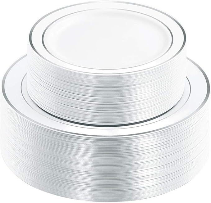 WDF 120PCS Plastic Plates White Silver Rim - Disposable Plates including 60PCS for Dinner 10.25inch, 60 Salad/Dessert Plates 7.5inch Heavy Duty Wedding Party Birthday