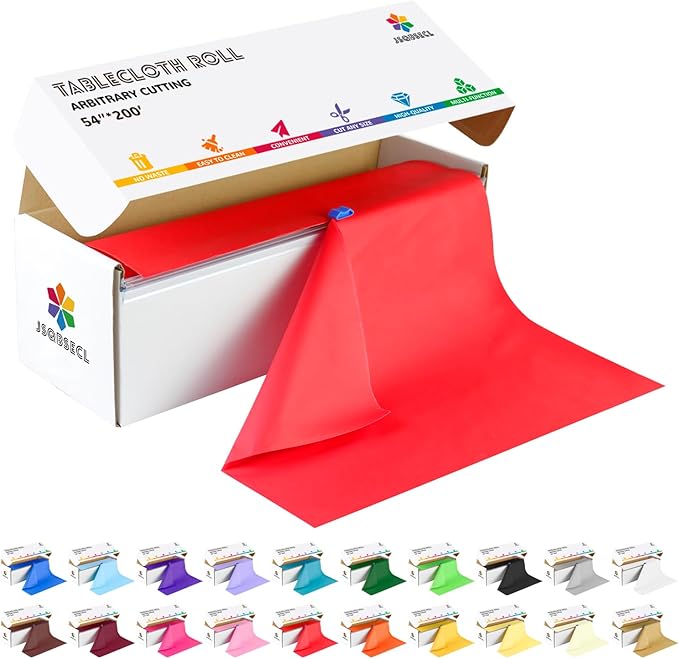 54 Inch X 200 Feet Plastic Table Cover Roll with Convenient Slide Cutter, Disposable Plastic Table Cloth Roll with Cut-to-Size Design for Weddings, Banquets, Parties (Red)