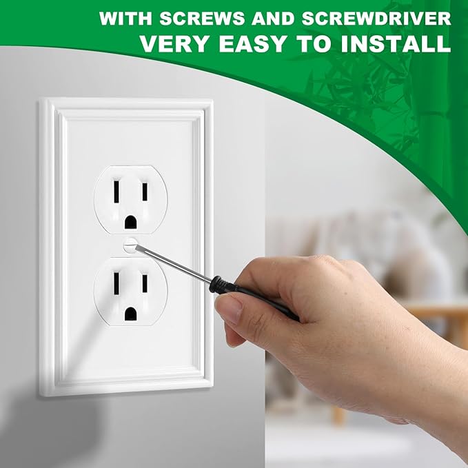 White Decorative Outlet Covers Wall Plates, Natural Material Electric Receptacle Cover Switch Plate Outlet Cover - Modern Style (1 Gang Single Duplex 4 Pack)