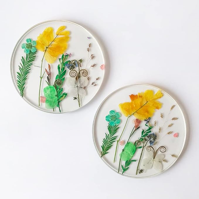 Floral Coasters for Drinks: Handmade Resin Coasters Tabletop Protection Cup Mat Round Coaster Set with Real Flower for Women Coffee Table Home Decor （Set of 6）