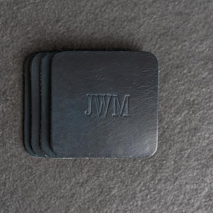 Ox & Pine Personalized Leather Coaster - Sold Individually or in Sets of 4 - Customize Inscription - 100% Full-Grain Leather – 4" Round or 4" Square (Square, Black, Set of 4 Coasters)