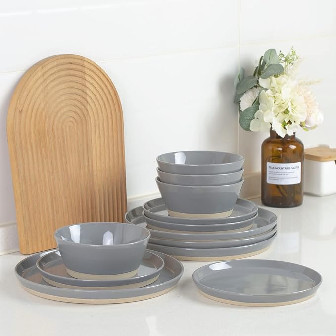 Famiware Saturn 16 Pieces Plates and Double Bowls Sets for 4, Stoneware Dinnerware Set with Pasta Bowl, Dish Set with Trim - Chip & Scratch Resistant, Microwave & Dishwasher Safe, Dark Gray
