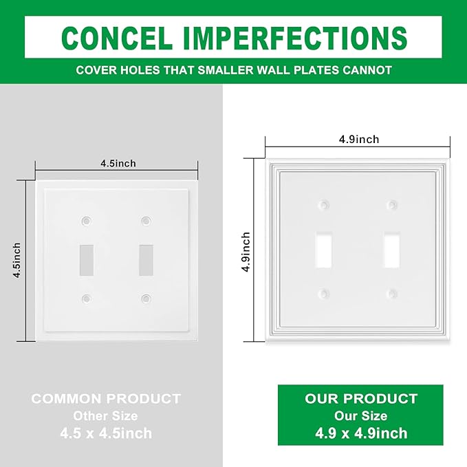 White Modern Decorative Wall Plate Light Switch Cover Decorator Outlet Covers Rocker Switch Plates Bamboo Fiber Material Wall Plates for Kitchen Bathroom (2 Gang Double Toggle-2 Pack)