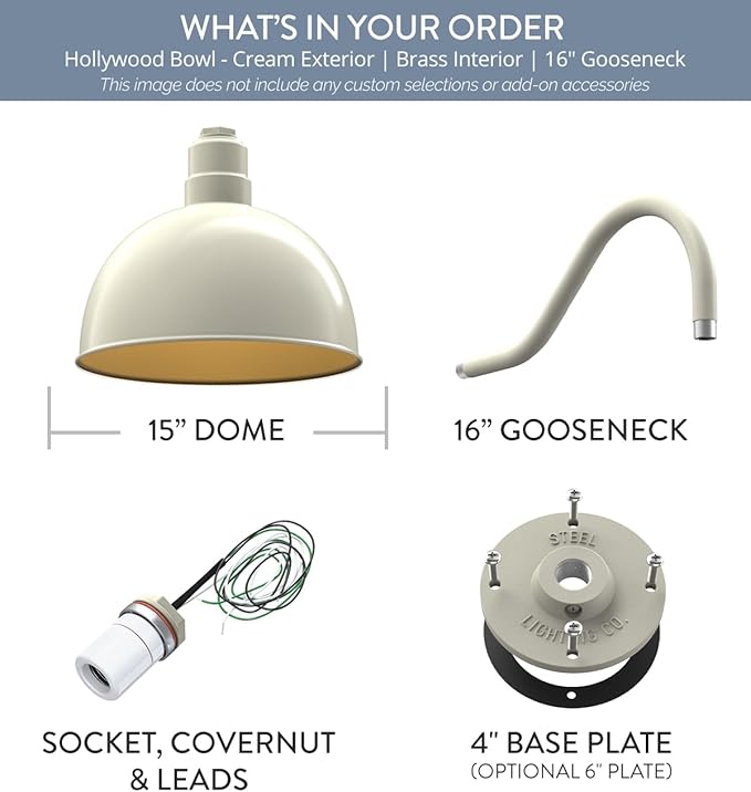 Steel Lighting Co. Hollywood Bowl Light | Outdoor Wall Mounted | 15 inch Bowl Dome | 16" Gooseneck | Barn Light Made in America | Cream Exterior/Brass Interior