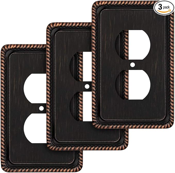 Henne Bery Rope Edge Decorative Wall Plate Switch Plate Outlet Cover (Single Duplex, 3 Pack, Aged Bronze)