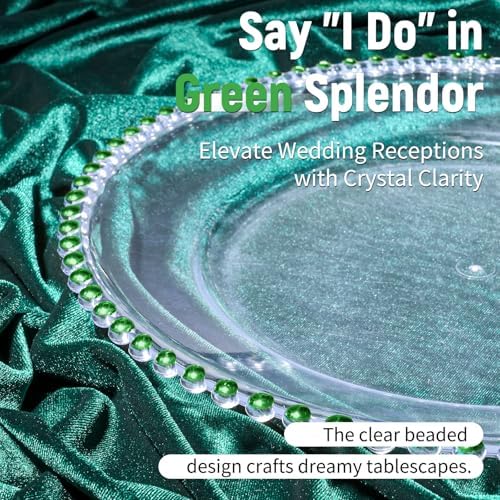 24 Pack Clear Charger Plates 13 Inch Acrylic Round Dinner Chargers with Green Beaded Rim, Plastic Round Decorative Plates for Kitchen Wedding Party Home and Tabletop Decoration - Image 3