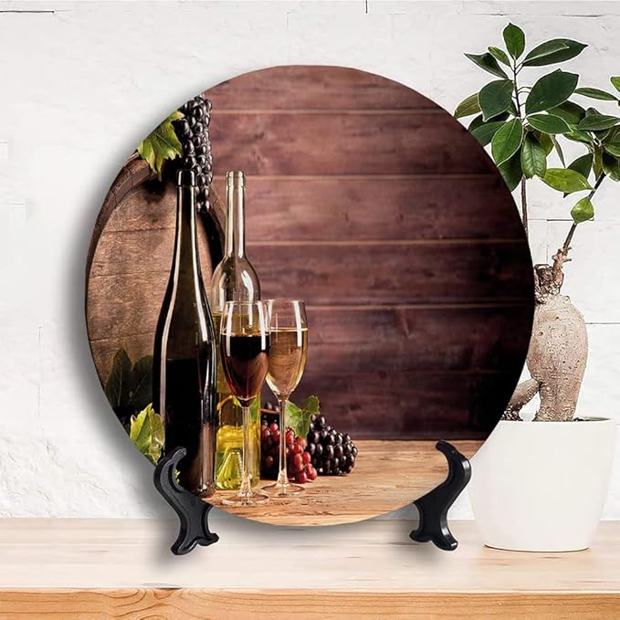 Decorative Plates, Wine Print Ornament, Rustic Viticulture Concept, 10 Inch, Kitchen Wall Decor, Brown Green Light Brown
