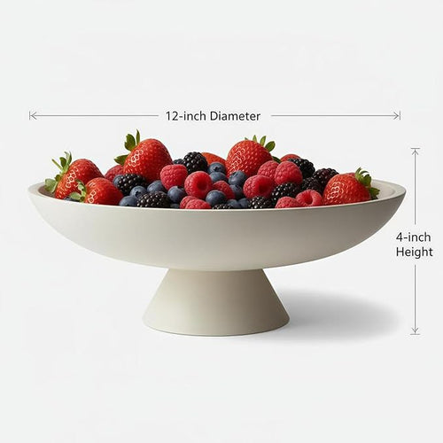 12" White Concrete Fruit Bowl - Modern Minimalist Concrete Decorative Bowl for Kitchen Counter, Living Room Coffee Table Storage