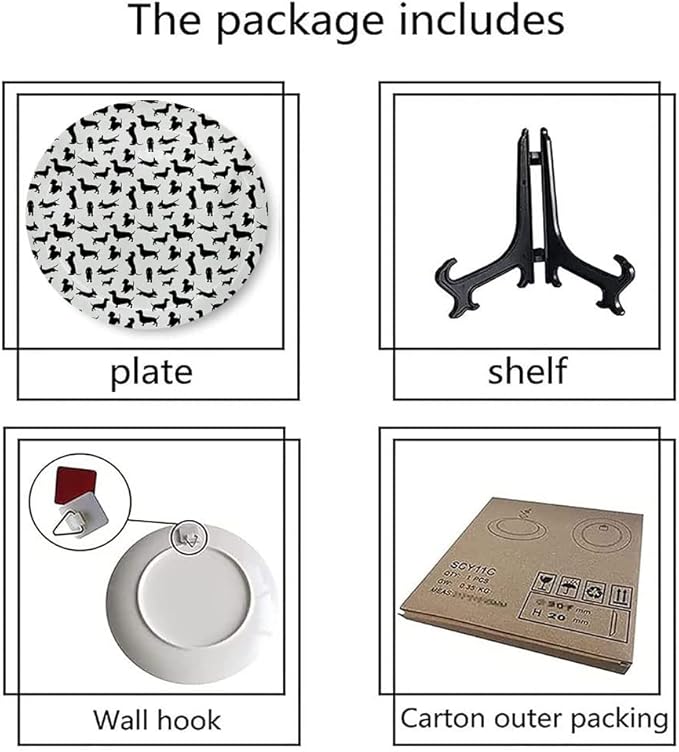 Ceramic Plates, Dog Lover Decorative Ceramic Plates, Monochrome Dachshunds in Numerous Stances Active Life, 10 Inch, Household Plates Decorative, Black White