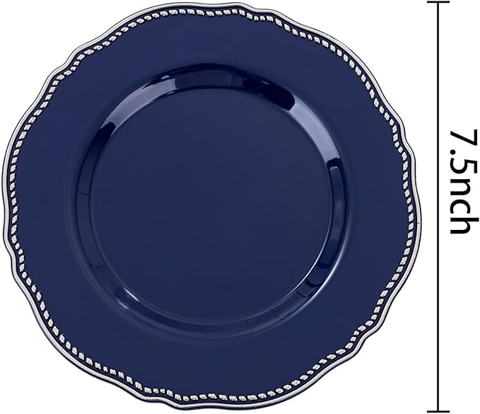 Hioasis 60pcs Blue Plastic Plates - Blue and Silver Disposable Dinnerware with Gold Rim, Heavy-duty, 7.5 inch, Dessert Plates for Party & Christmas
