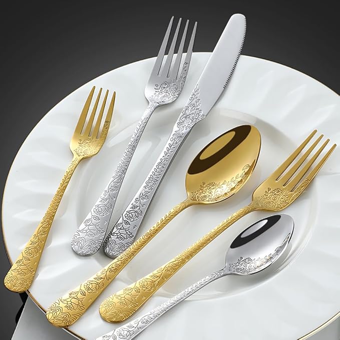 60-piece flowers Gold TWEE Silverware Set for 12, Palace Style Stainless Steel Flatware Cutlery Serving Utensils, Eating Tableware for Home Kitchen Hotel Restaurant, Mirror Polished