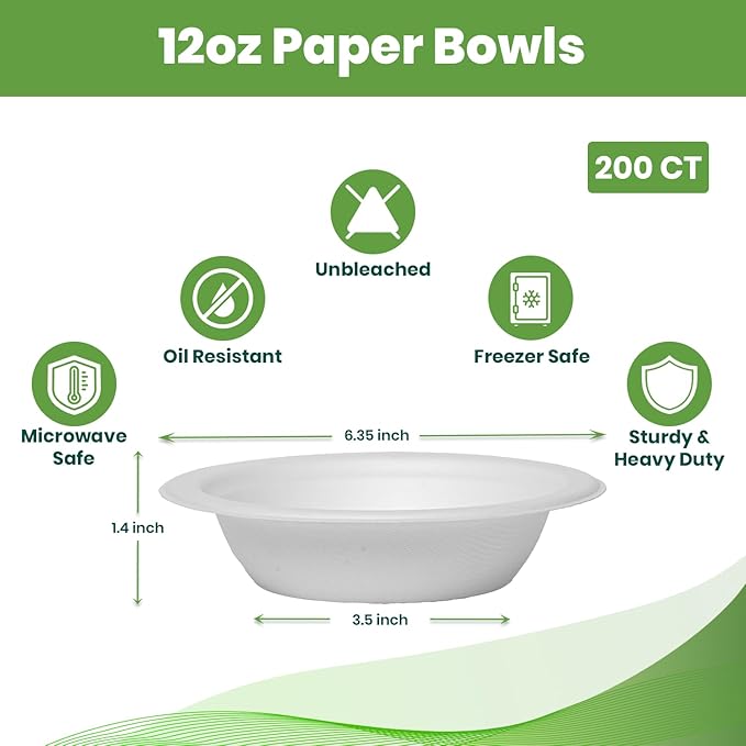 Disposable Paper Bowls 200 Pack 12 oz, Heavy-Duty Compostable, Eco-Friendly, Bagasse Bowl for Soup, Salad, Dessert & More