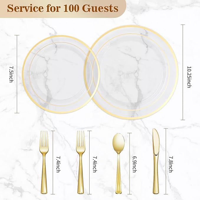 BESTVIP 600PCS Clear Gold Plastic Plate Set (100 Guests), Plastic Plates for Party Wedding Birthday, Disposable Dinnerware Set of 200 Plates, 200 Forks, 100 Spoons, 100 Knives for Christmas