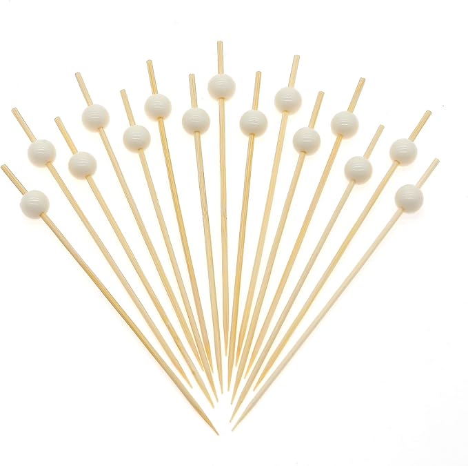 Minisland Milky White Pearl Cocktail Picks, 4.7 Inch Long Bamboo Fancy Toothpicks for Appetizers, Decorative Easter Holiday Wedding Party Food Drink Garnish Fruit Skewer Sticks 100 Counts - MSL455