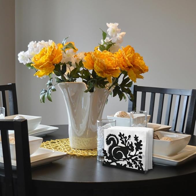 Squirrel Decorative Black Metal Napkin Holder for Table, 5.3" x 4.3" x 1.9" Squirrel Aniaml Standing Napkin Holder for Home Kitchen Restaurant Picnic Party Coffee Bar Dining Room