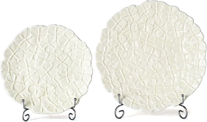 KAMMAK Ceramic Decorative Plate Set of 2, Porcelain Plates for Kitchen Dining Room Wine Cabinet Home Decor, Vintage Collector Plates with 2 Display Stand, Cream-Yellow Flowers (8-inch + 10-inch)