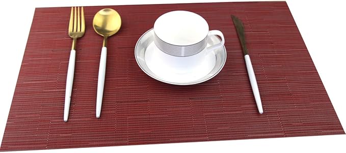 Placemats for Dining Table Washable Easy to Clean PVC Placemat Heat-resistand Woven Vinyl Wipe Clean Table Mats (placemats Set of 6, Bamboo Red)