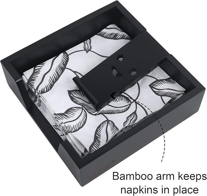 Bamboo Flat Napkin Holder with Weighted Arm Decorative Napkin Tray Dispenser for Table Kitchen Bathroom Dinning (black)