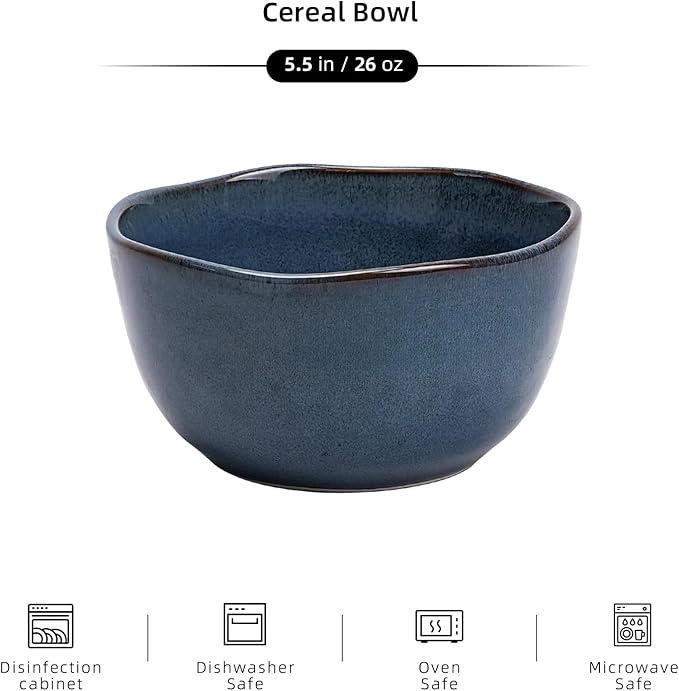 Organic Shape Highland Ceramic Cereal Bowl, 6pcs 5.5 Inch Reactive Glaze Stoneware Rice bowl with Wavy Edge, for Kitchen, Microwave & Dishwasher Safe, Scratch Resistant-Blue