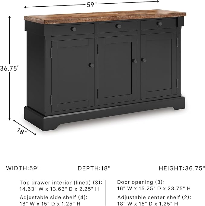 Signature Design by Ashley Wildenauer Farmhouse Dining Buffet with Drawers and Adjustable Shelves, Light Brown & Black