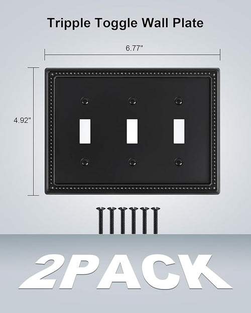 2-Pack Triple Toggle Light Switch Cover Plate, Pearls Decorative Switch Plate Covers, Black 3 Gang Metal Wall Plate, Corrosion Resistant